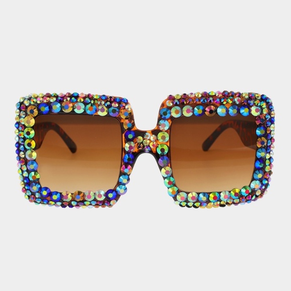 Multi color gem studded animal print oversized square fashion sunglasses